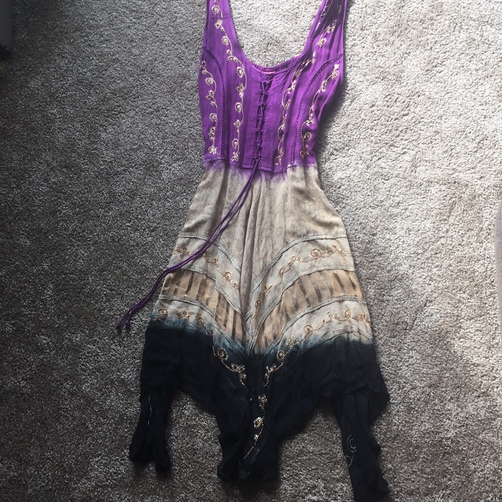 Long purple, tan, and black dress, size small